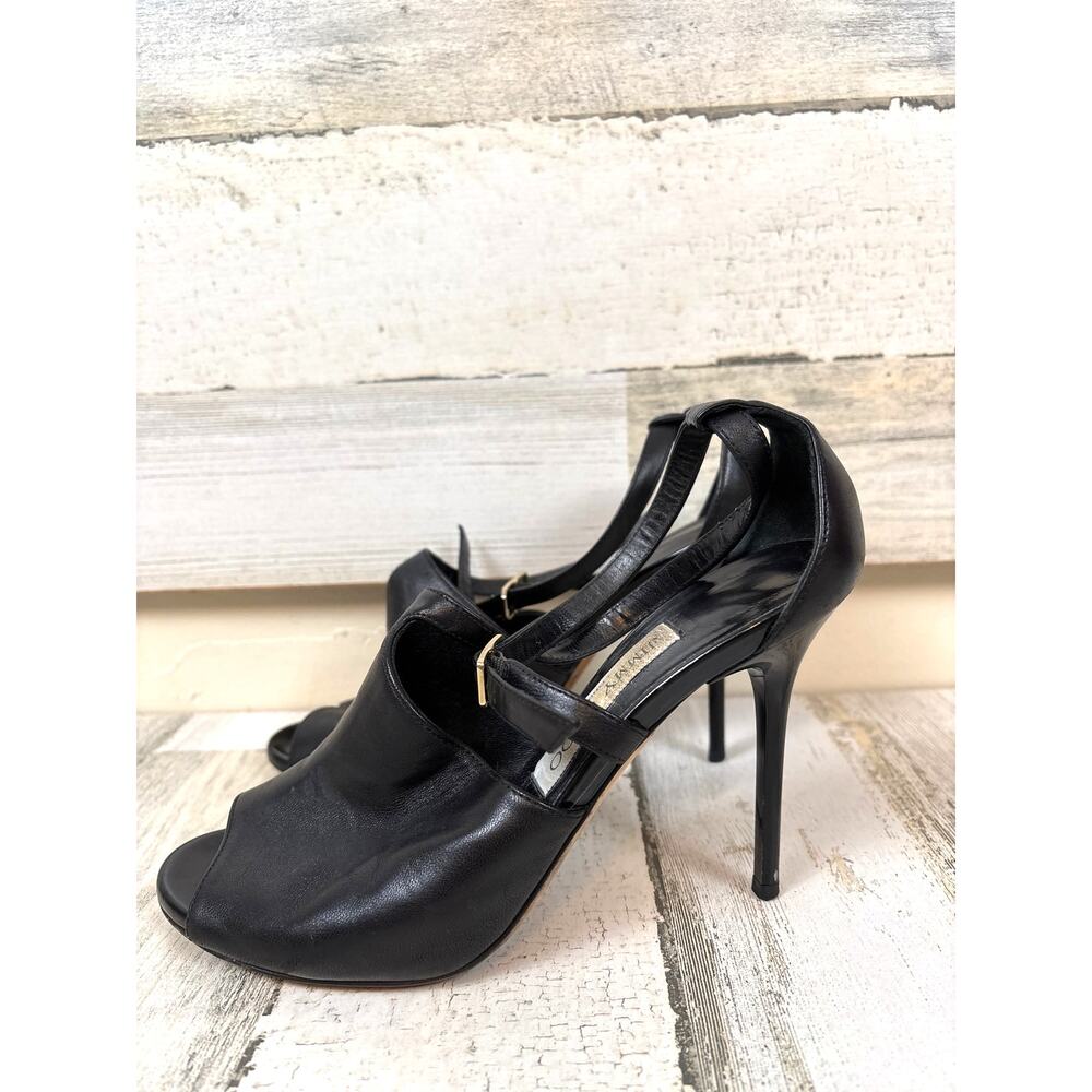 Jimmy Choo Womens 6.5 Black Leather T Strap High Heel Designer Evening Shoes